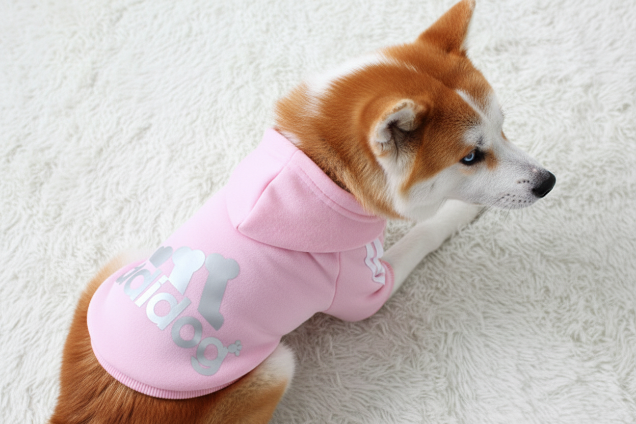 Akita with blue eyes in pink Adidog hoodie