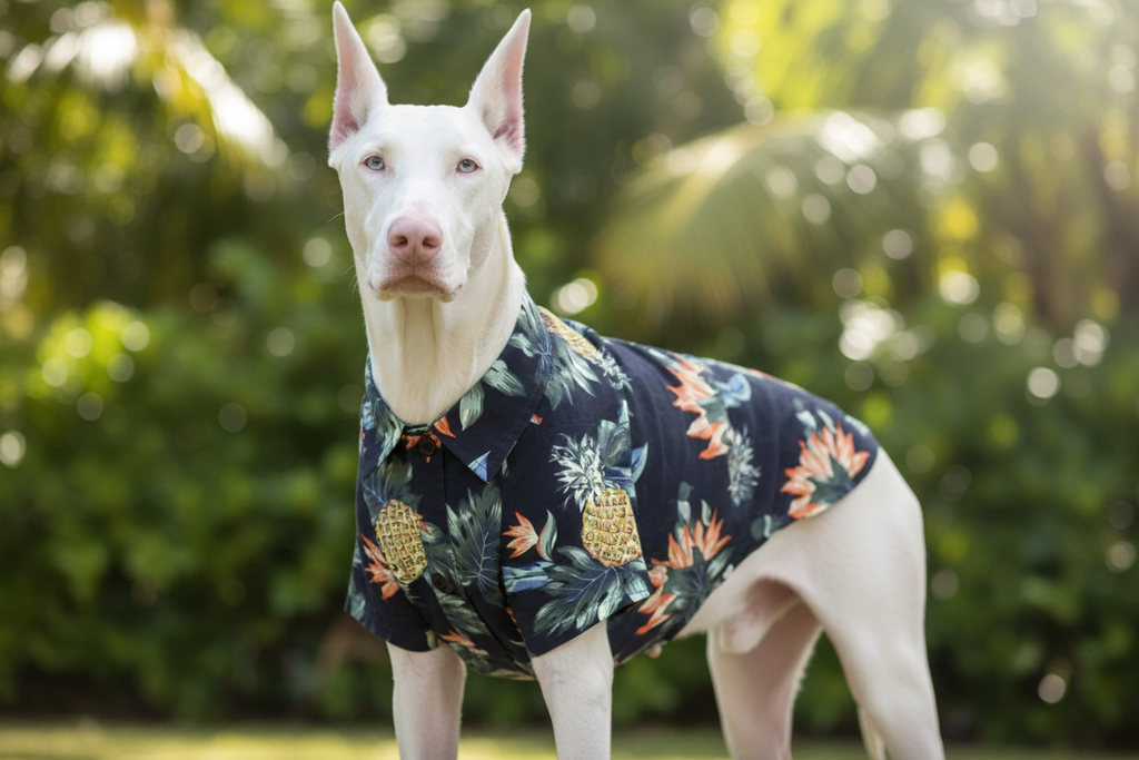 Albino Doberman in Tropical Hawaiian Shirt