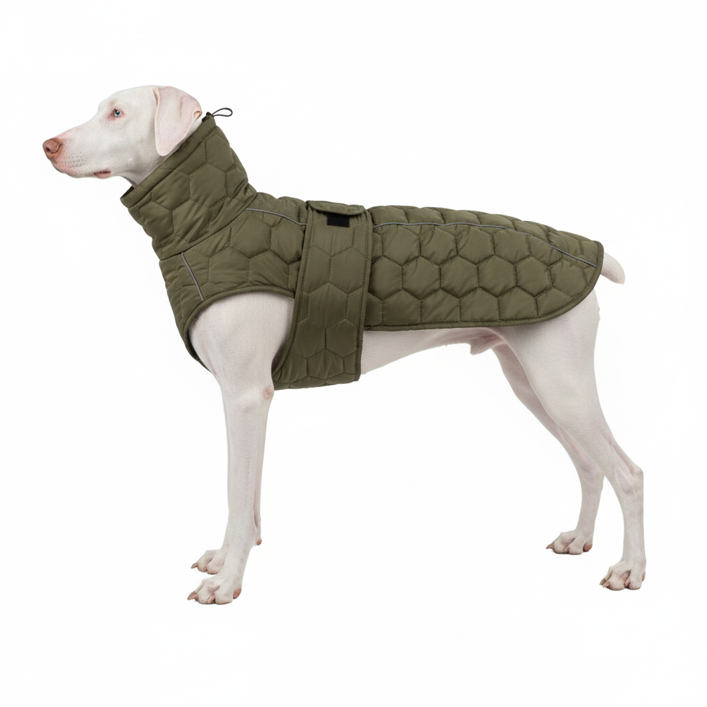 Albino Doberman wearing olive quilted dog jacket