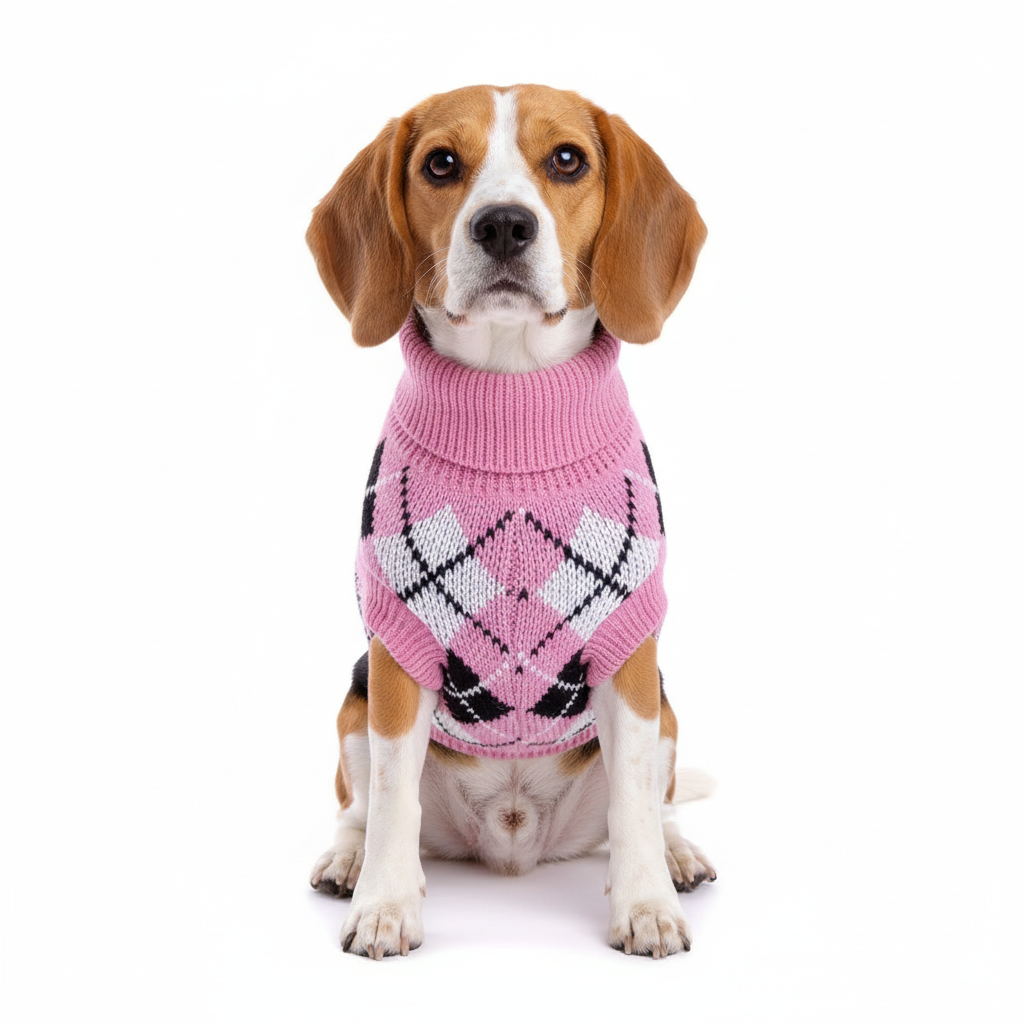 Beagle in Pink Argyle Sweater
