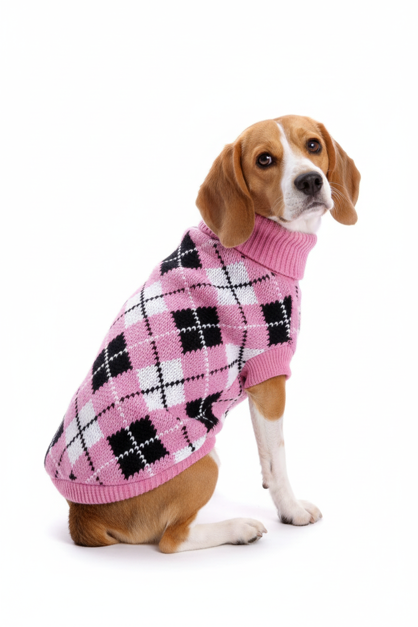 Beagle in Pink & Black Argyle Sweater