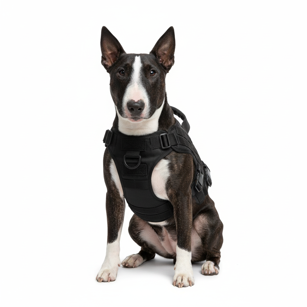 Black and white dog with tactical vest