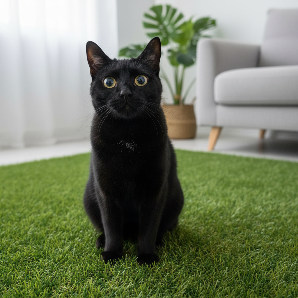 Black cat on grass mat