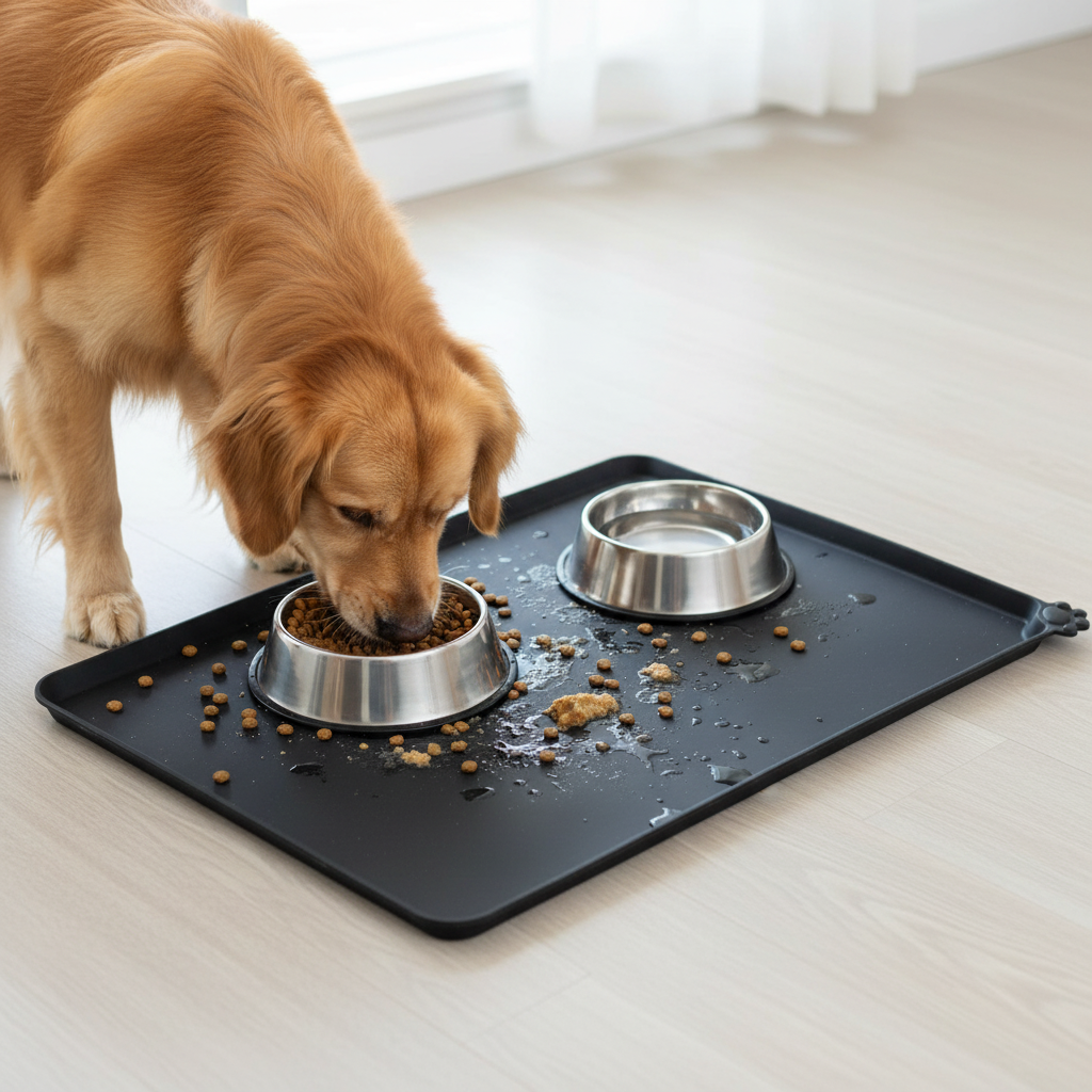 Black Pet Feeding Mat – Dog Making a Mess