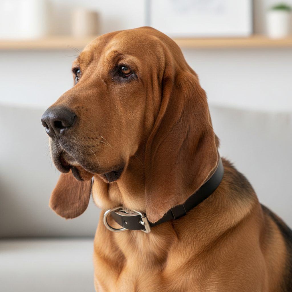 Bloodhound wearing black leather collar