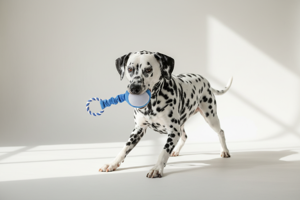 Blue Ball Rope Toy – Dalmatian Playful Pose