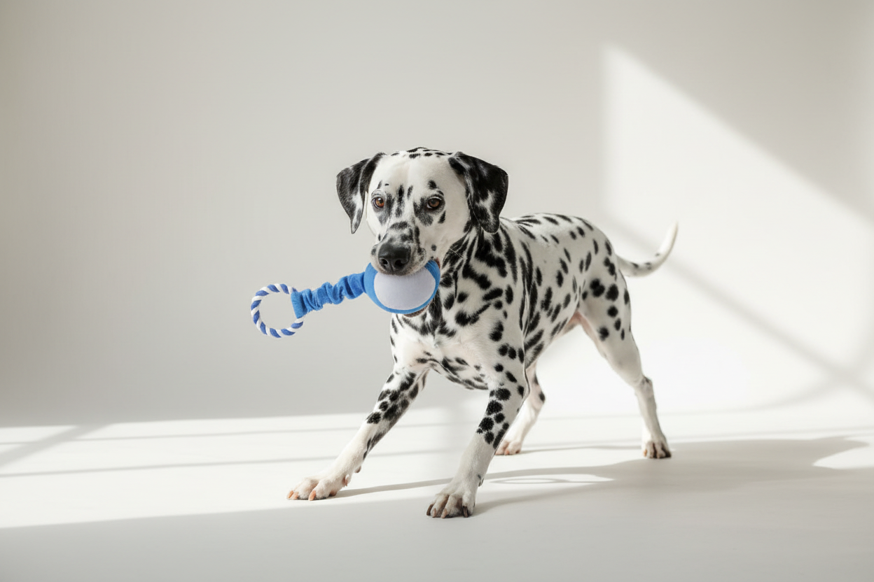 Blue Ball Rope Toy – Dalmatian Playful Pose
