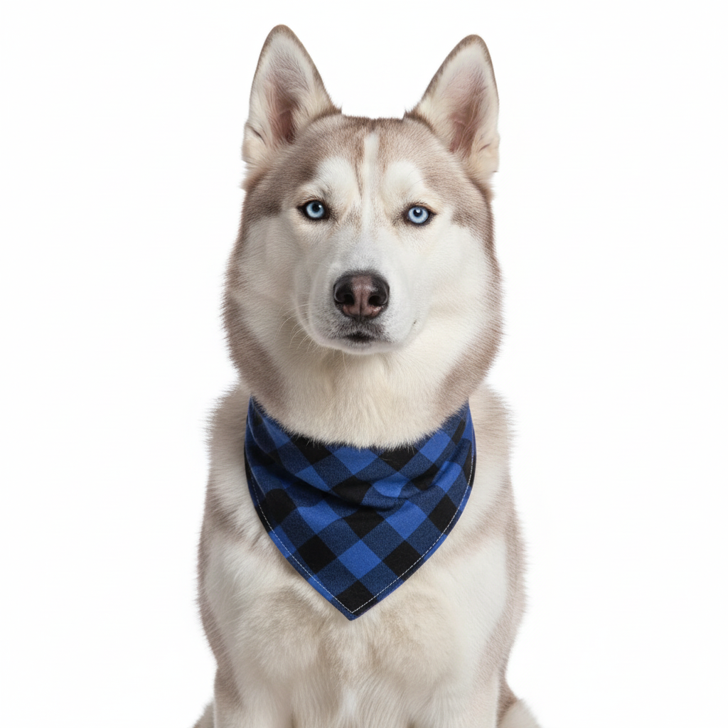 Blue Plaid Bandana on Grey Husky