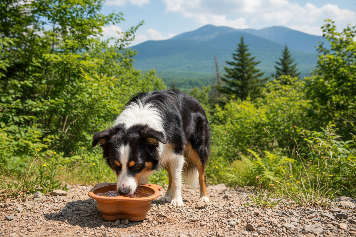 Border Collie Drinking from Travel Bowl on Hike