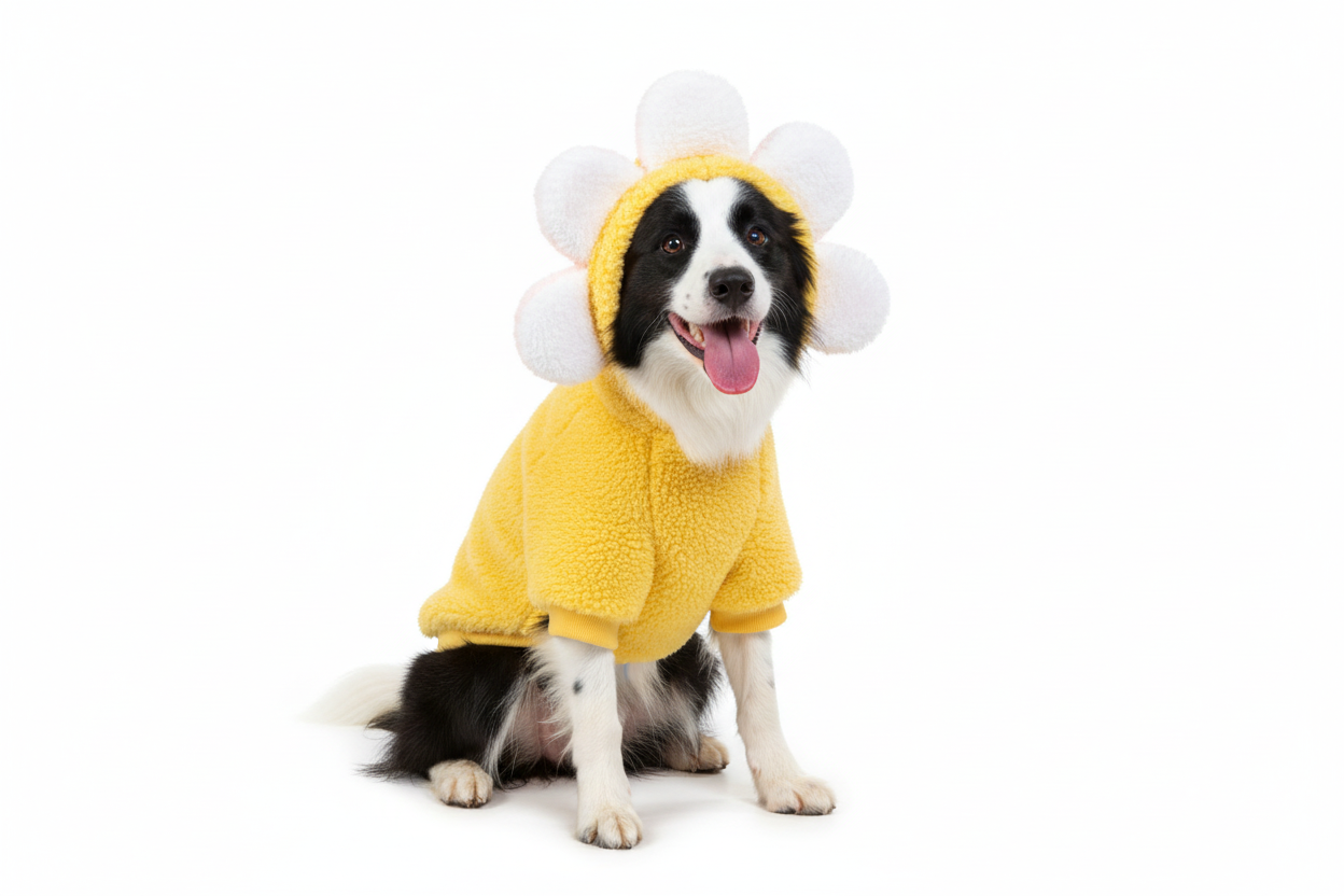 Border collie in sunflower sweater