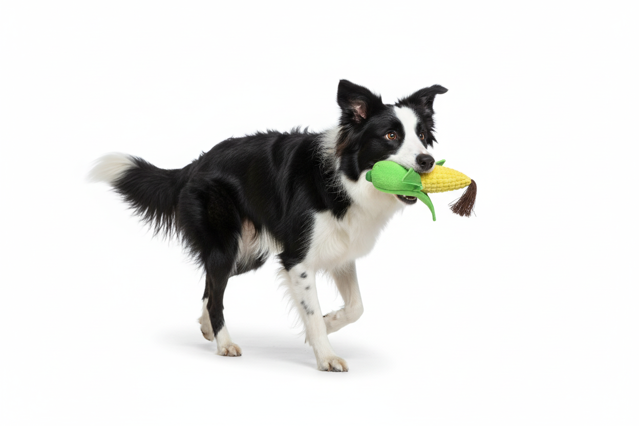 Border Collie Playing with Corn Plush Toy
