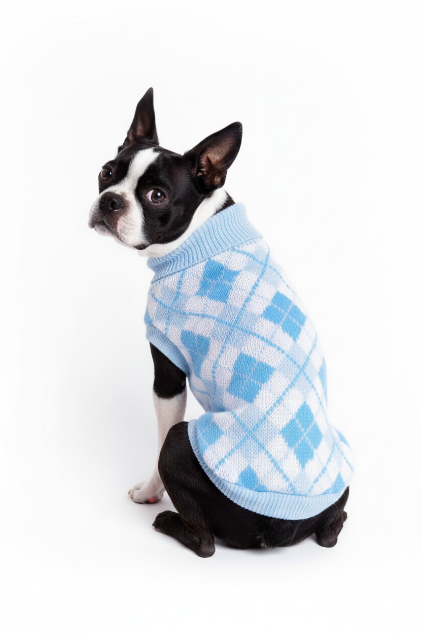 Boston Terrier in Light Blue Argyle Sweater