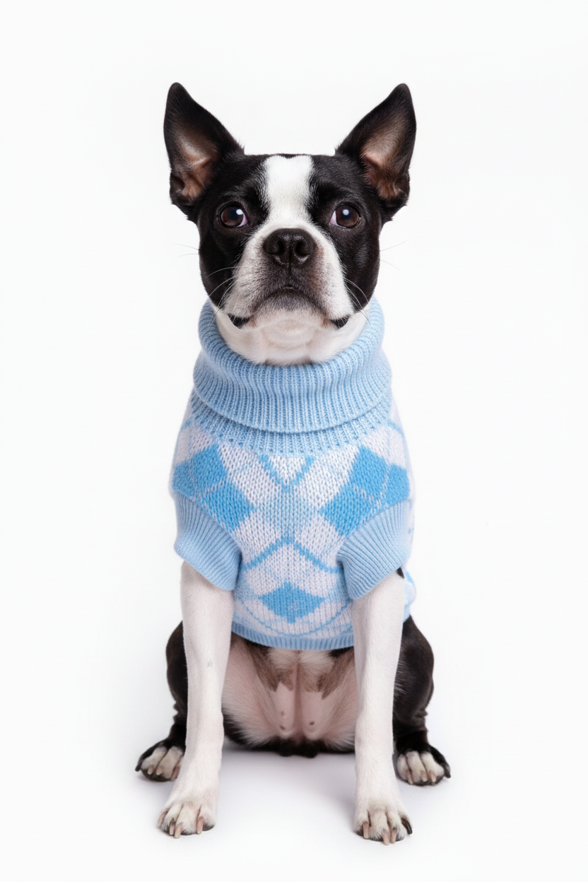 Boston Terrier in Light Blue Argyle Sweater