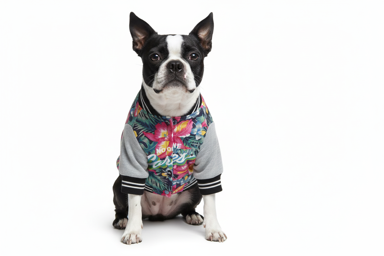 Boston Terrier in tropical floral jacket