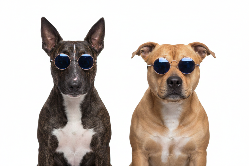 Brindle Bull Terrier and Tan Staffie Wearing Blue Round Sunglasses
