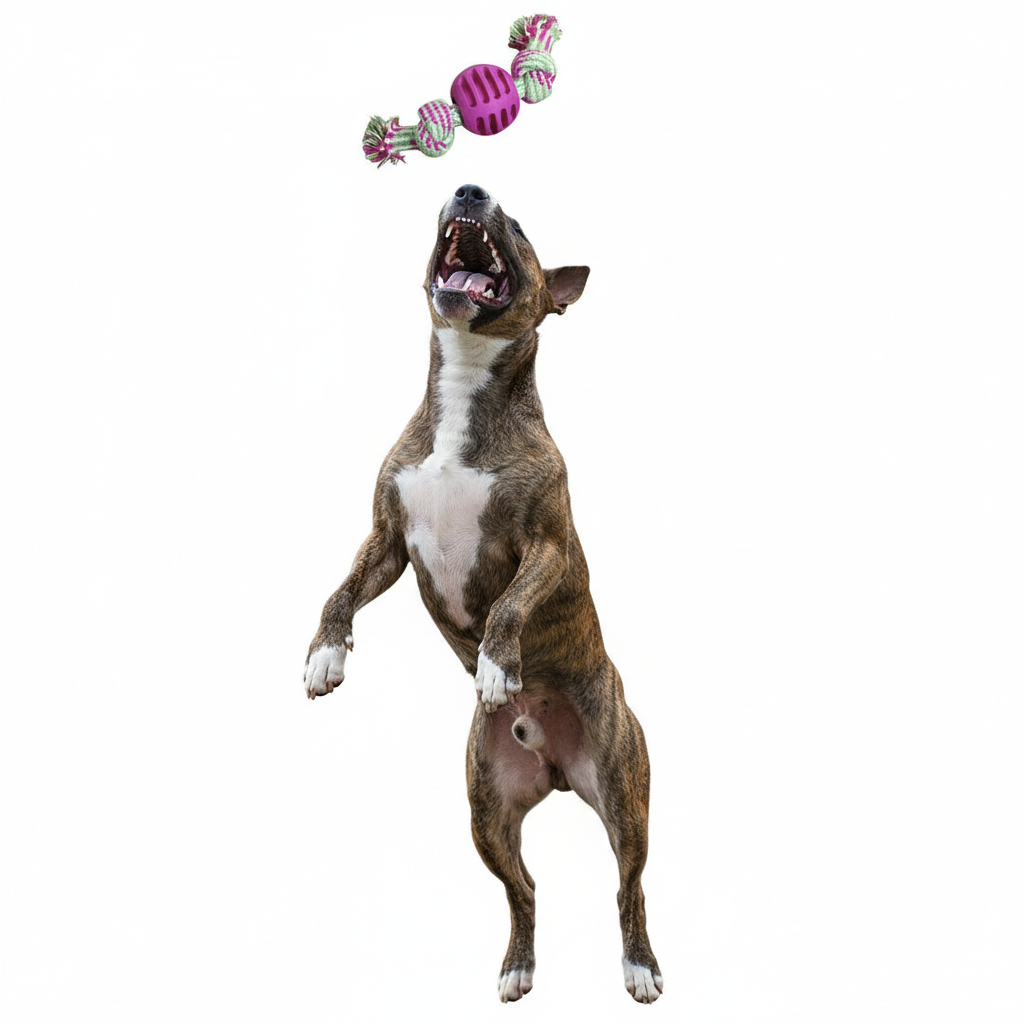 Brindle Bull Terrier catching rope ball toy in air