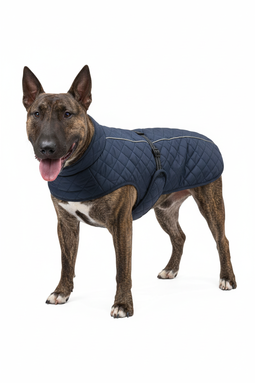 Brindle Bull Terrier in Navy Quilted Dog Coat
