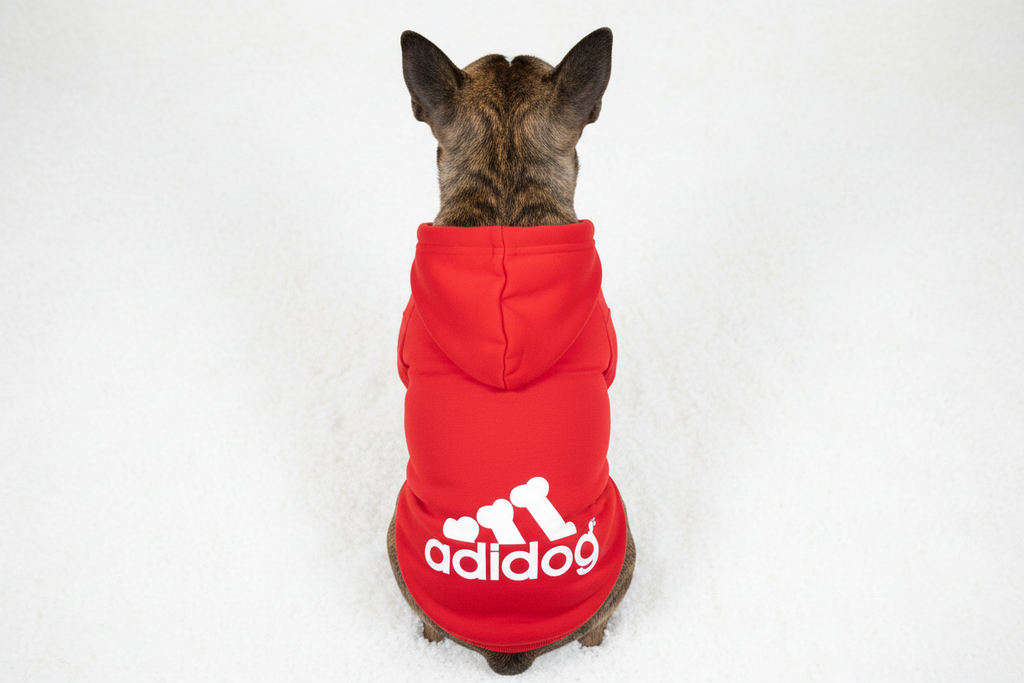 Brindle bull terrier in red Adidog hoodie
