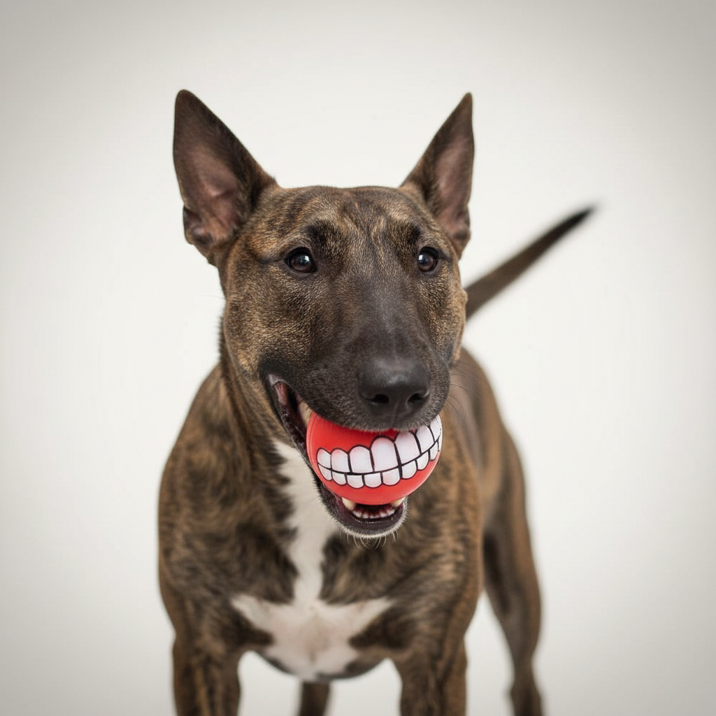 Brindle Bull Terrier with red teeth ball