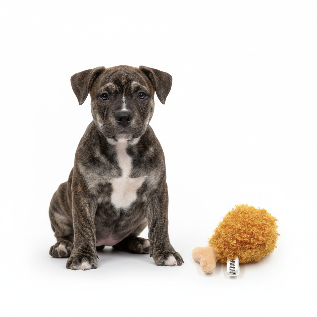 Brindle Bully Puppy with Chicken Drumstick Toy