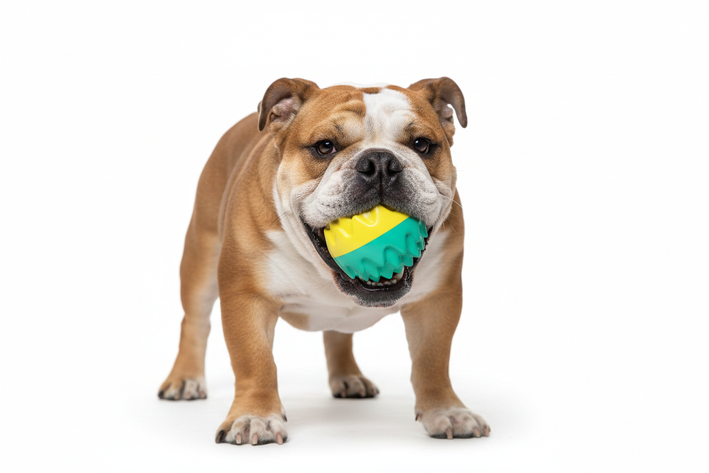 Bulldog Biting Yellow Teal Chew Ball
