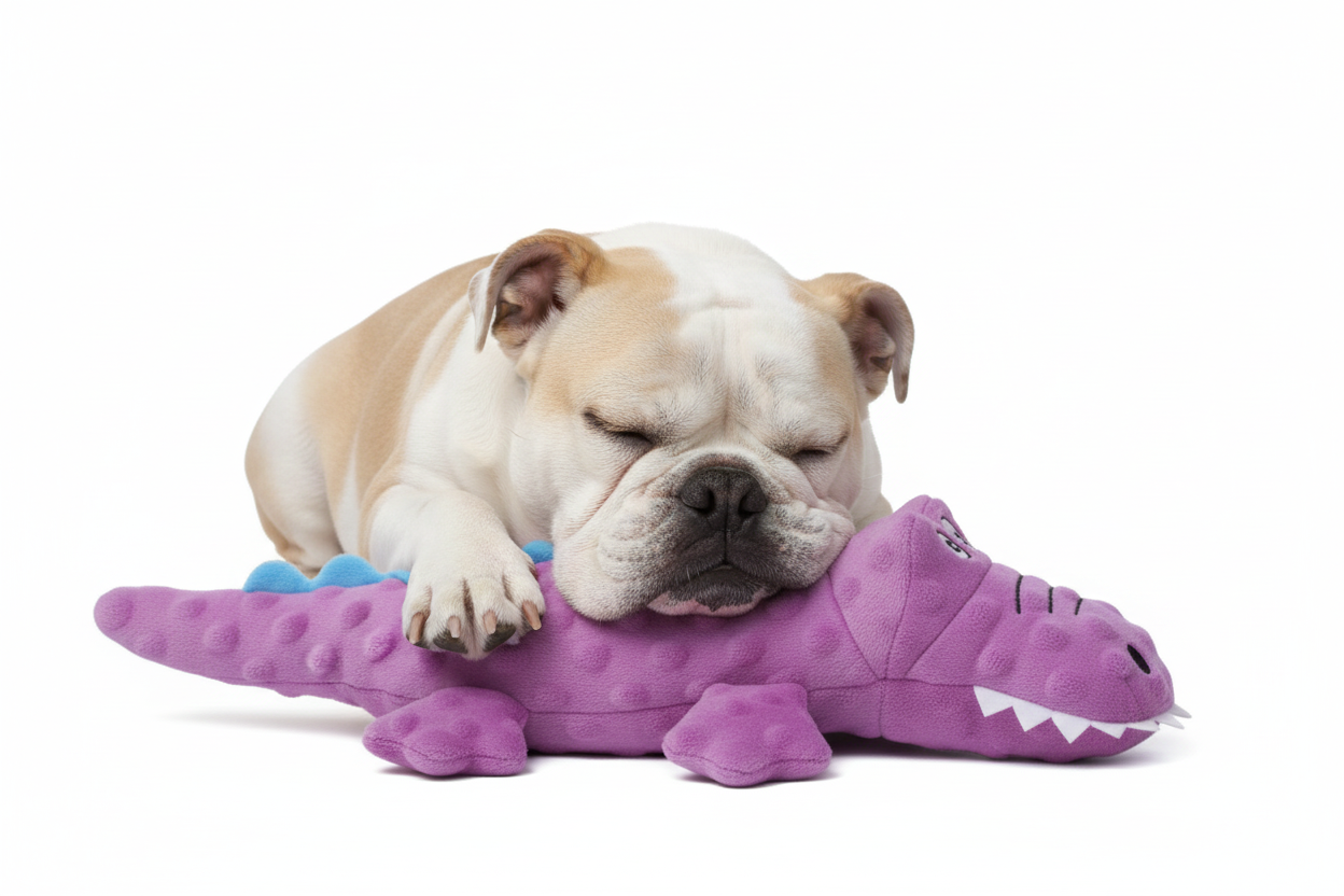 Bulldog Cuddling with Purple Crocodile Plush Toy
