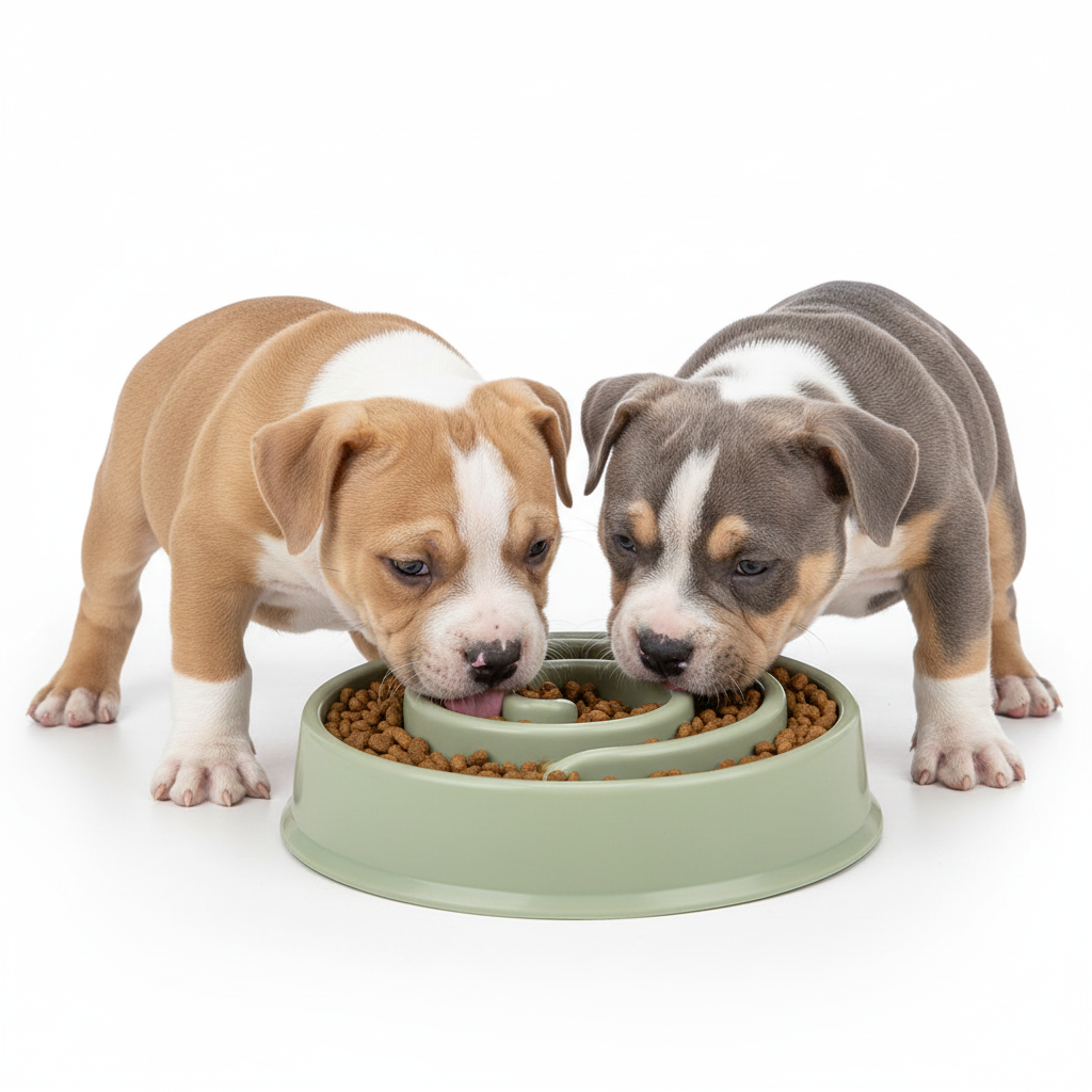 Bully puppies eating from slow feeder bowl