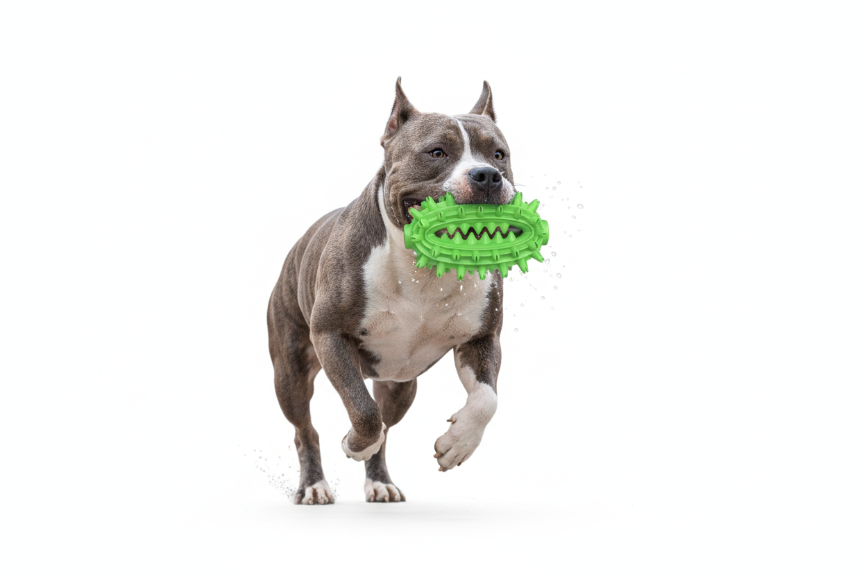 Bully running with chew toy