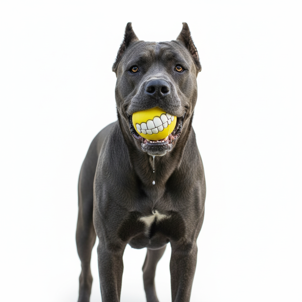 Cane Corso with yellow teeth ball - white background