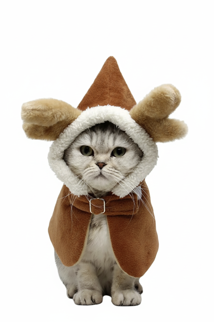 Cat in Reindeer Cape on White Background