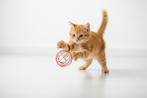 Cat Playing with Red Cage Ball Mouse Toy