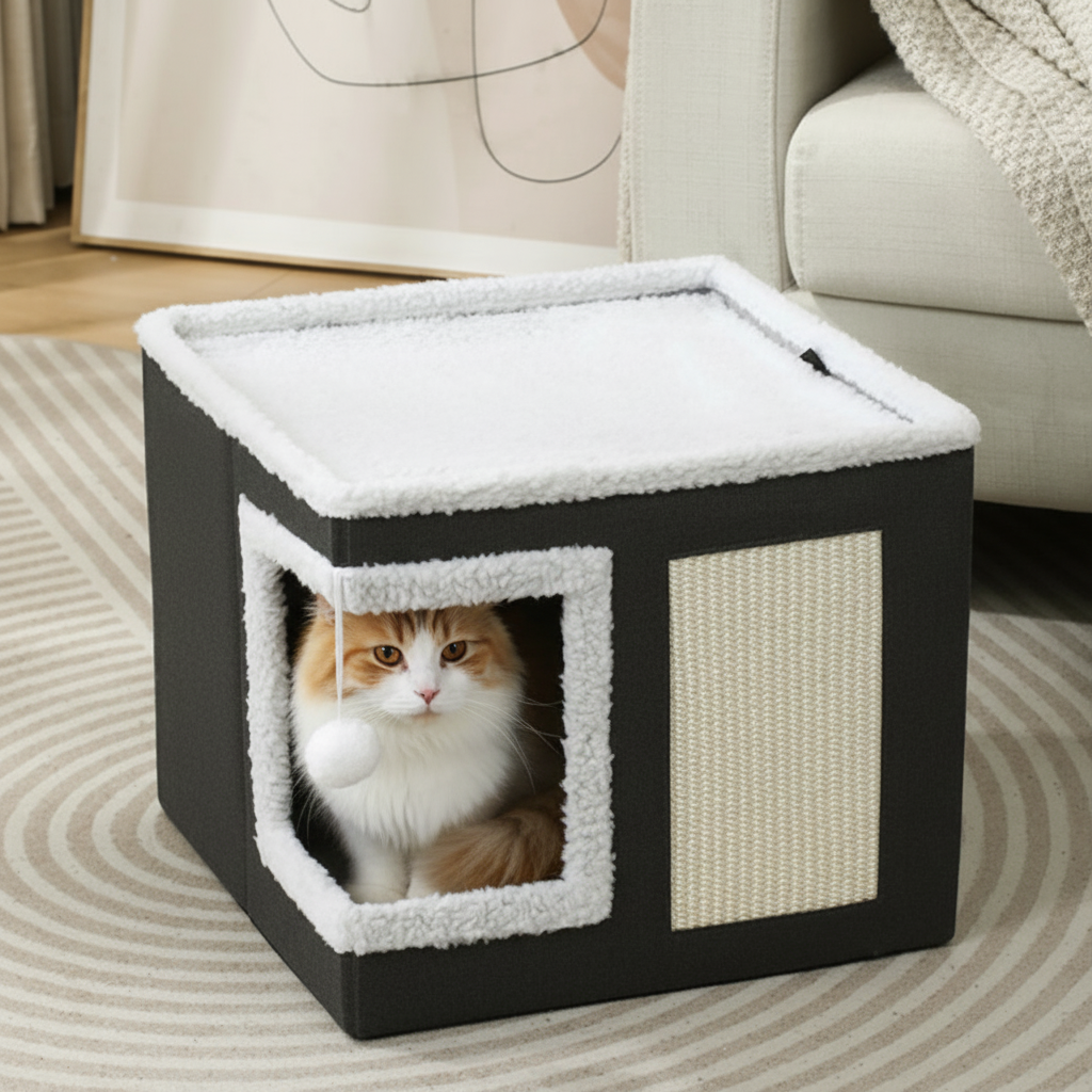 Cat sitting inside cat cube house