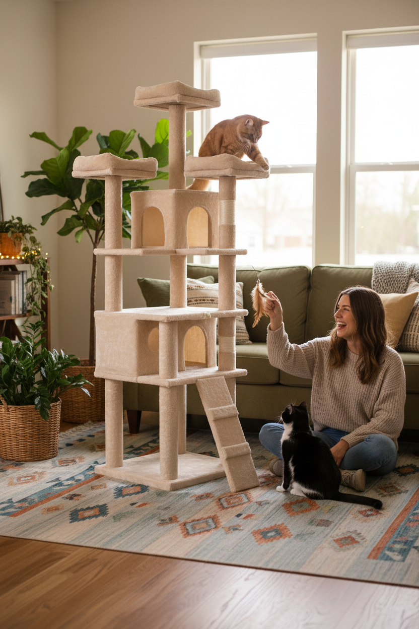 Cat Tree in Lounge with Owner and Cats