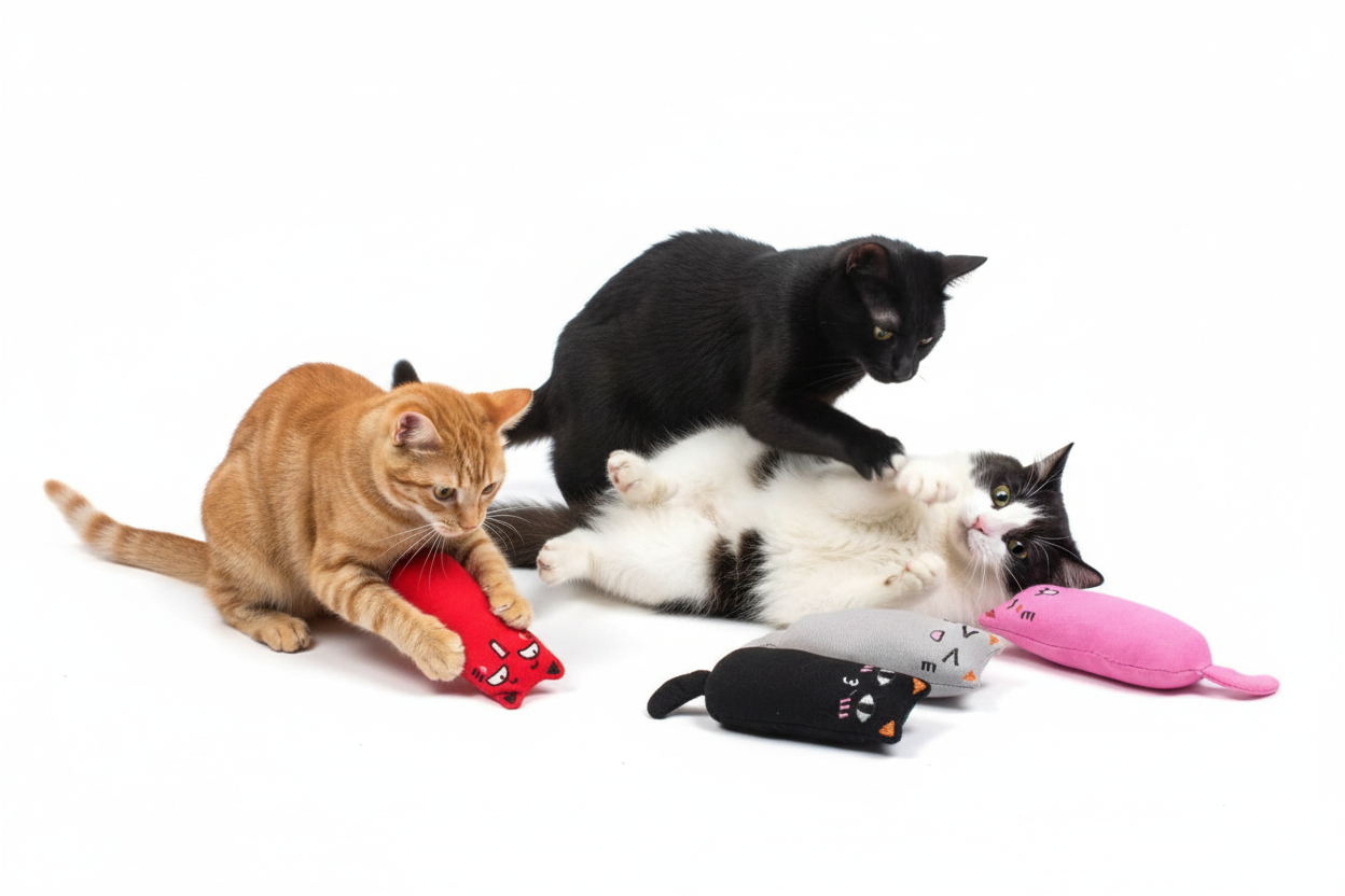Cats Playing with Plush Cat Catnip Toys
