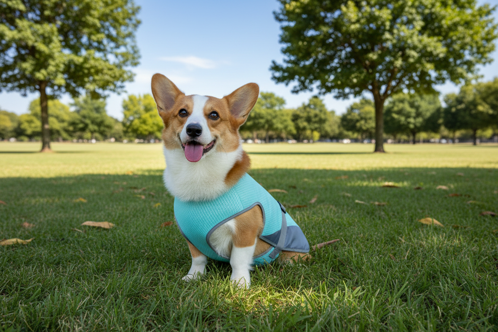 Corgi in Cooling Vest at Dog Park