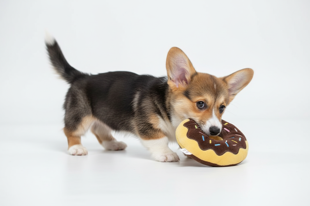 Corgi Puppy Biting Chocolate Donut Plush Toy