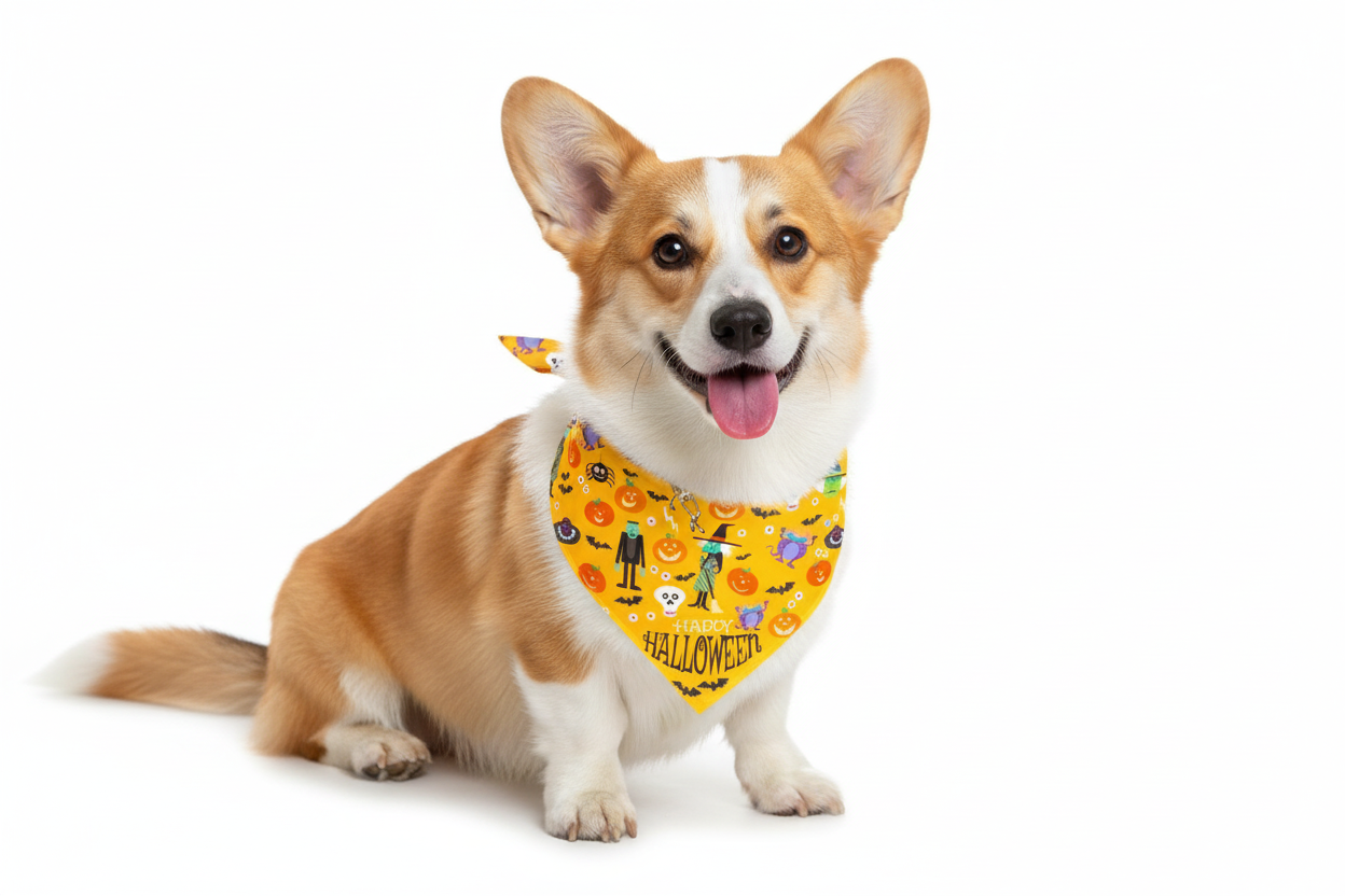 Corgi Wearing Happy Halloween Bandana