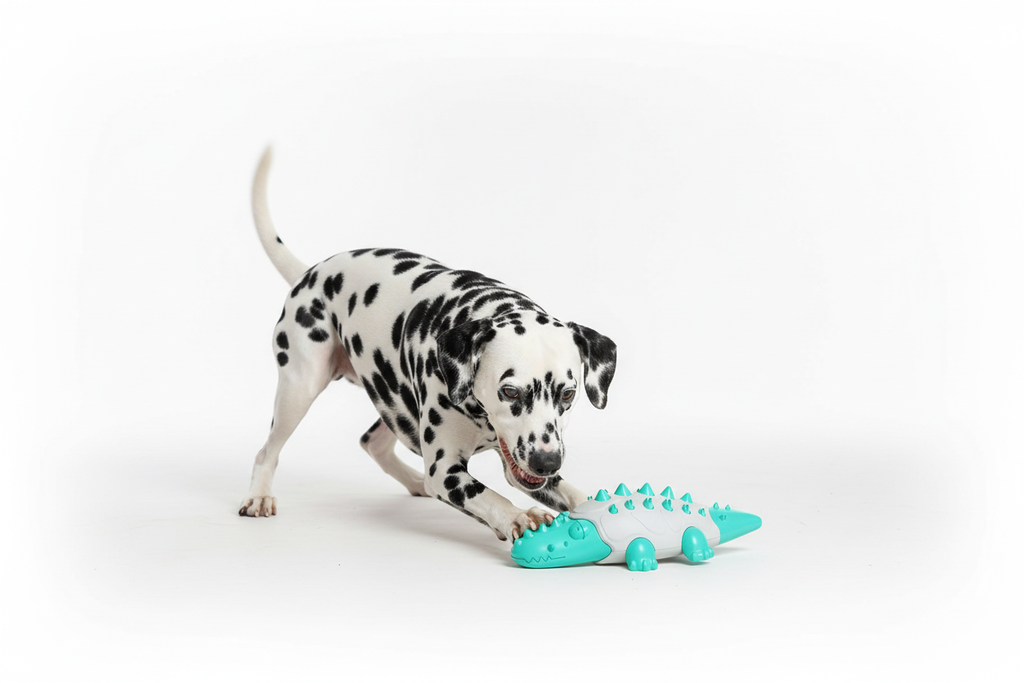 Dalmatian playing with croc toy