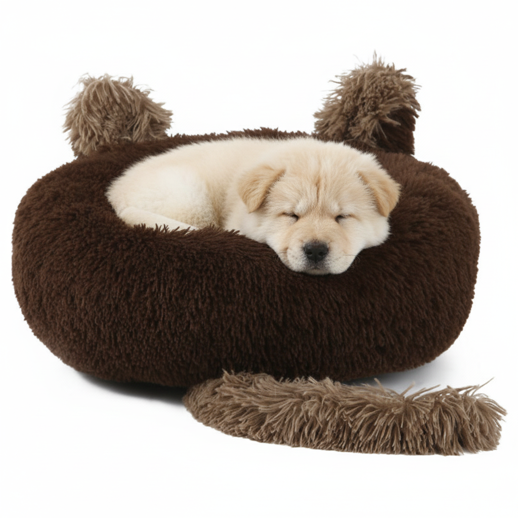 Dark Brown Bear Donut Bed with Chow Chow Puppy