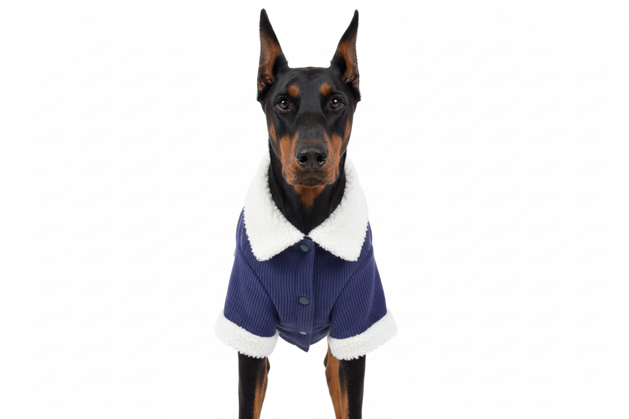 Doberman in blue corduroy coat - styled