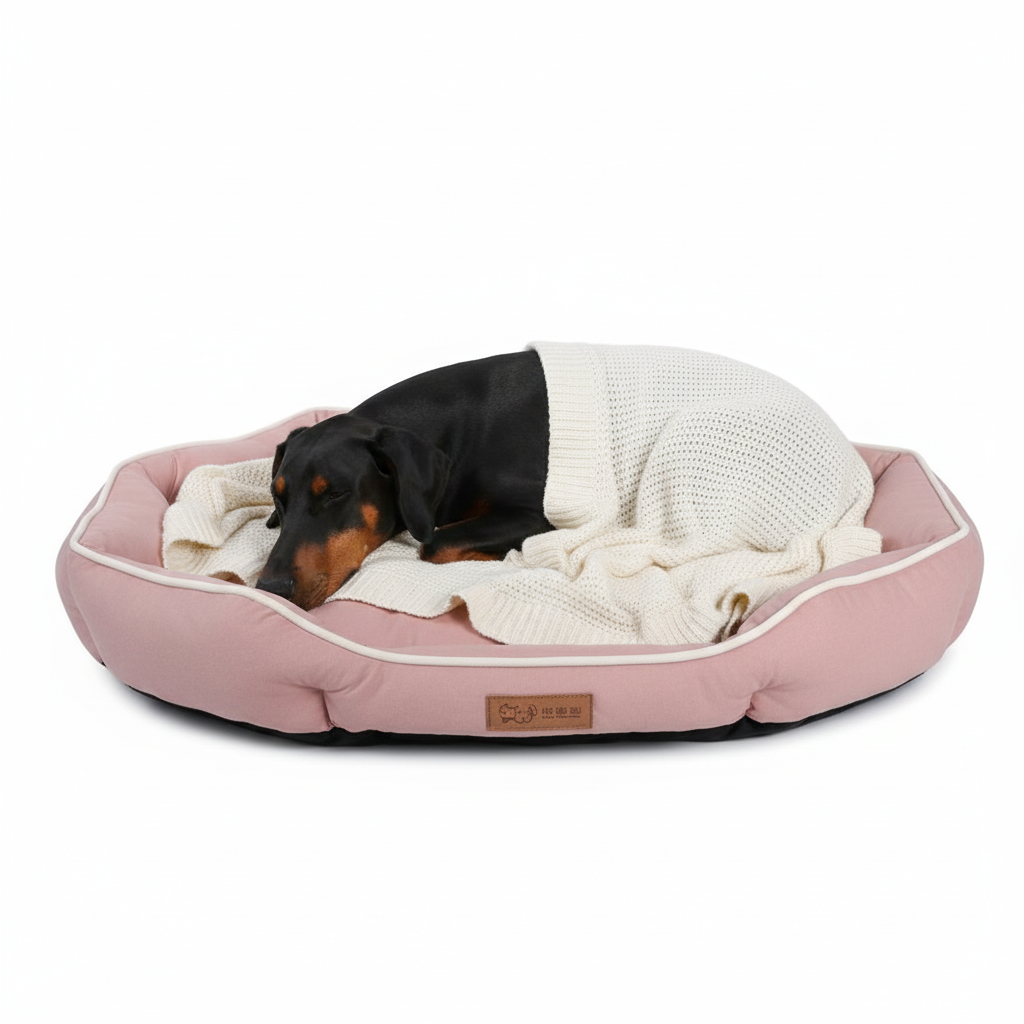 Doberman Laying on Pink Octagonal Pet Bed