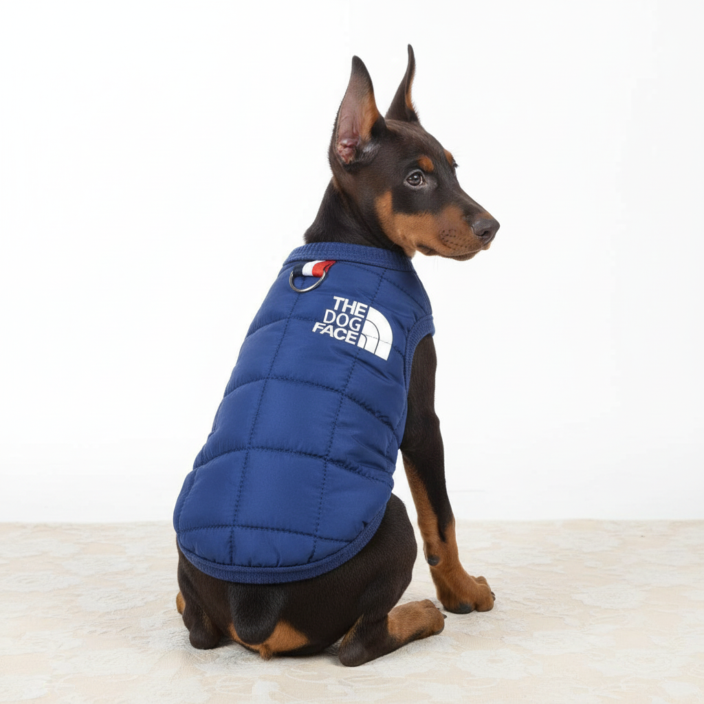 Doberman Puppy wearing The Dog Face navy jacket