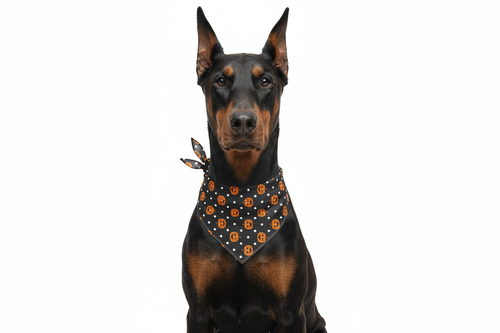 Doberman Wearing Halloween Pumpkin Bandana
