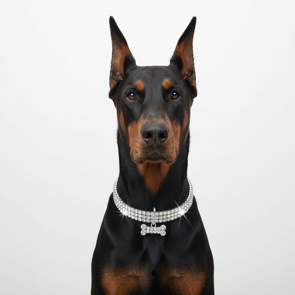 Doberman Wearing Silver Crystal Rhinestone Collar
