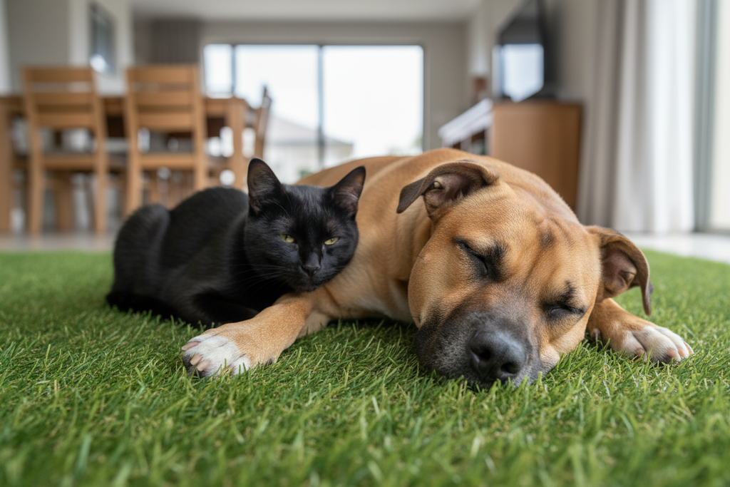 Dog and cat together on grass mat