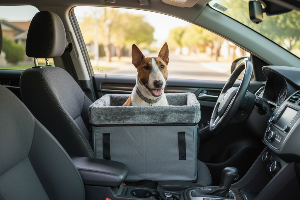 Dog in car booster seat - lifestyle shot