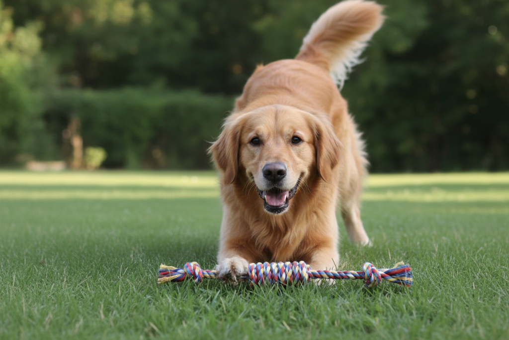 Dog in Playful Pose with Rope Toy on Grass