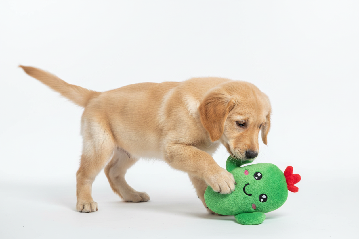 Dog Interacting with Cactus Plush Toy