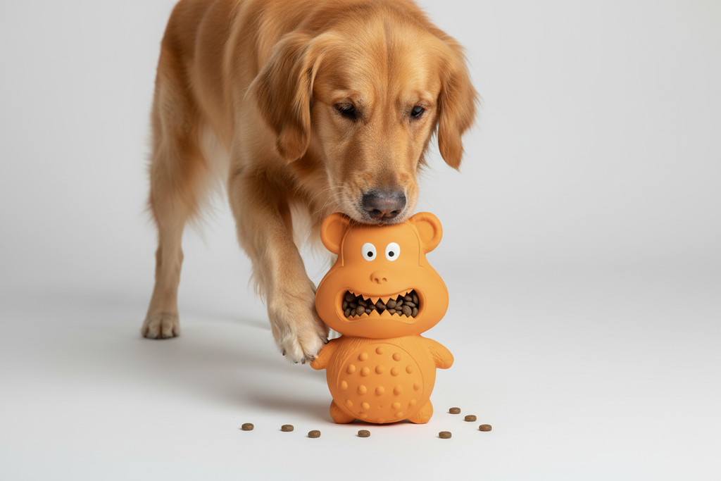 Dog Interacting with Monkey Treat Toy