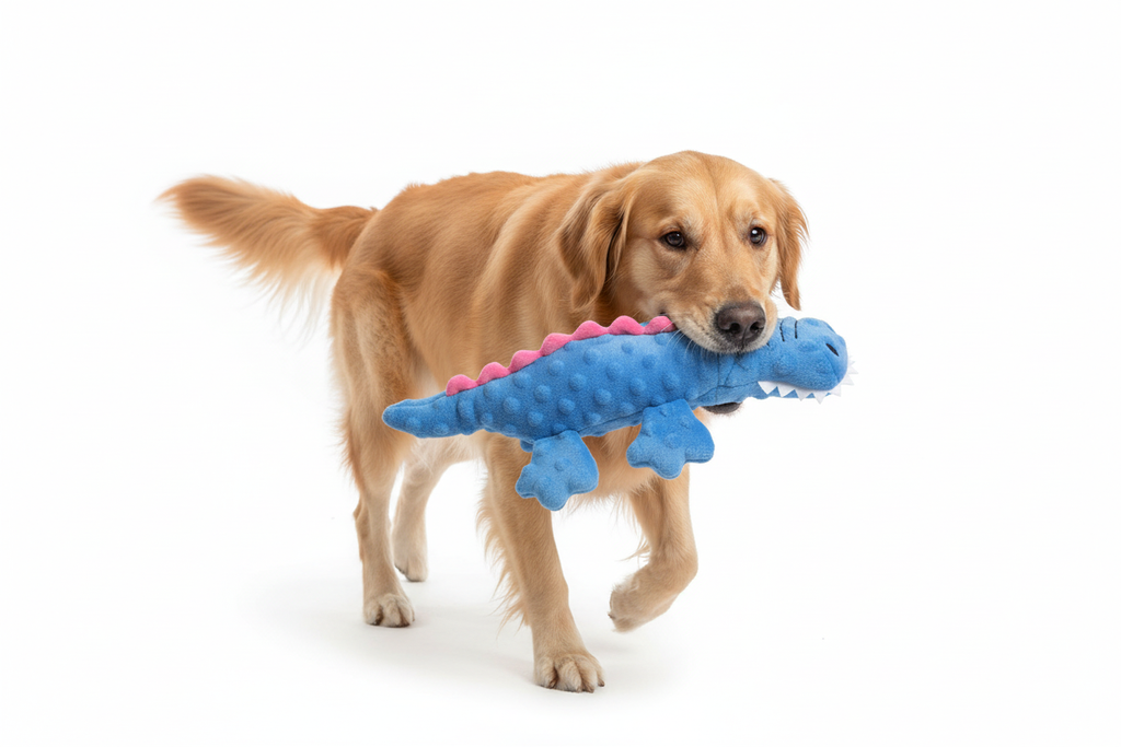 Dog Playing with Blue Crocodile Plush Toy